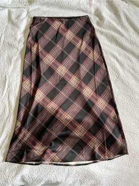Plaid Midi Silk Skirt in Black and Burgundy Tones